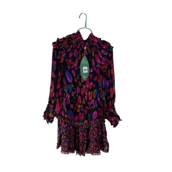 Anthropologie Farm Rio Iridescent Leopard Hot Pink Ruffle Mini Dress NWT XXS - Picture 4 of 7